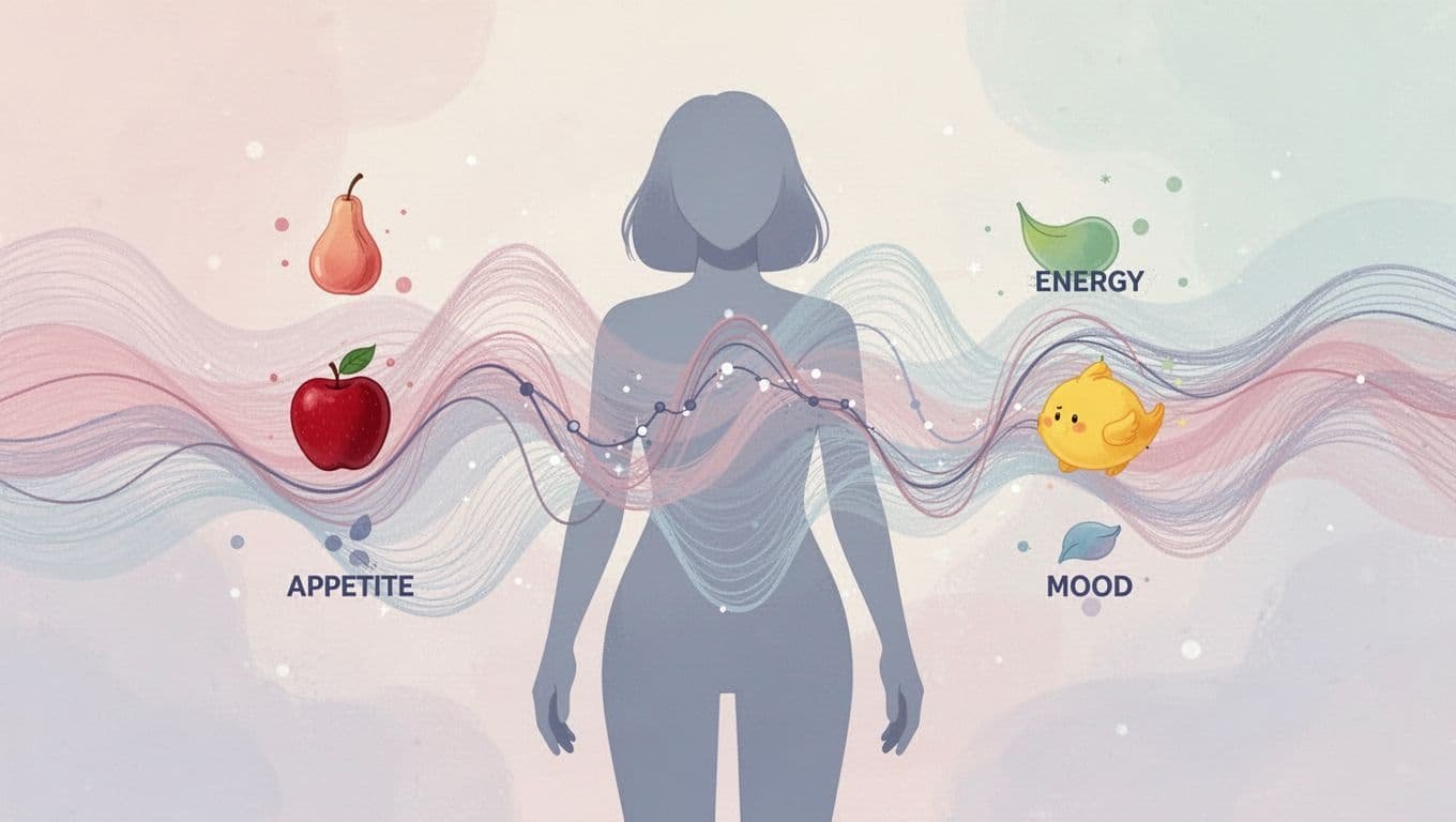 Wavy lines overlay apple, battery, and heart icons on a feminine body silhouette.