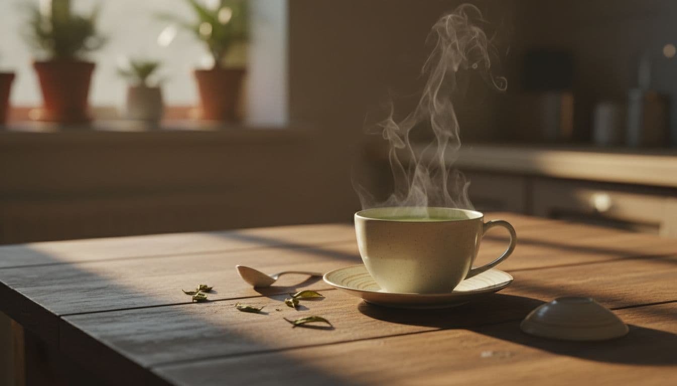 A steaming cup of green tea rests on a rustic wooden table in the soft morning light.