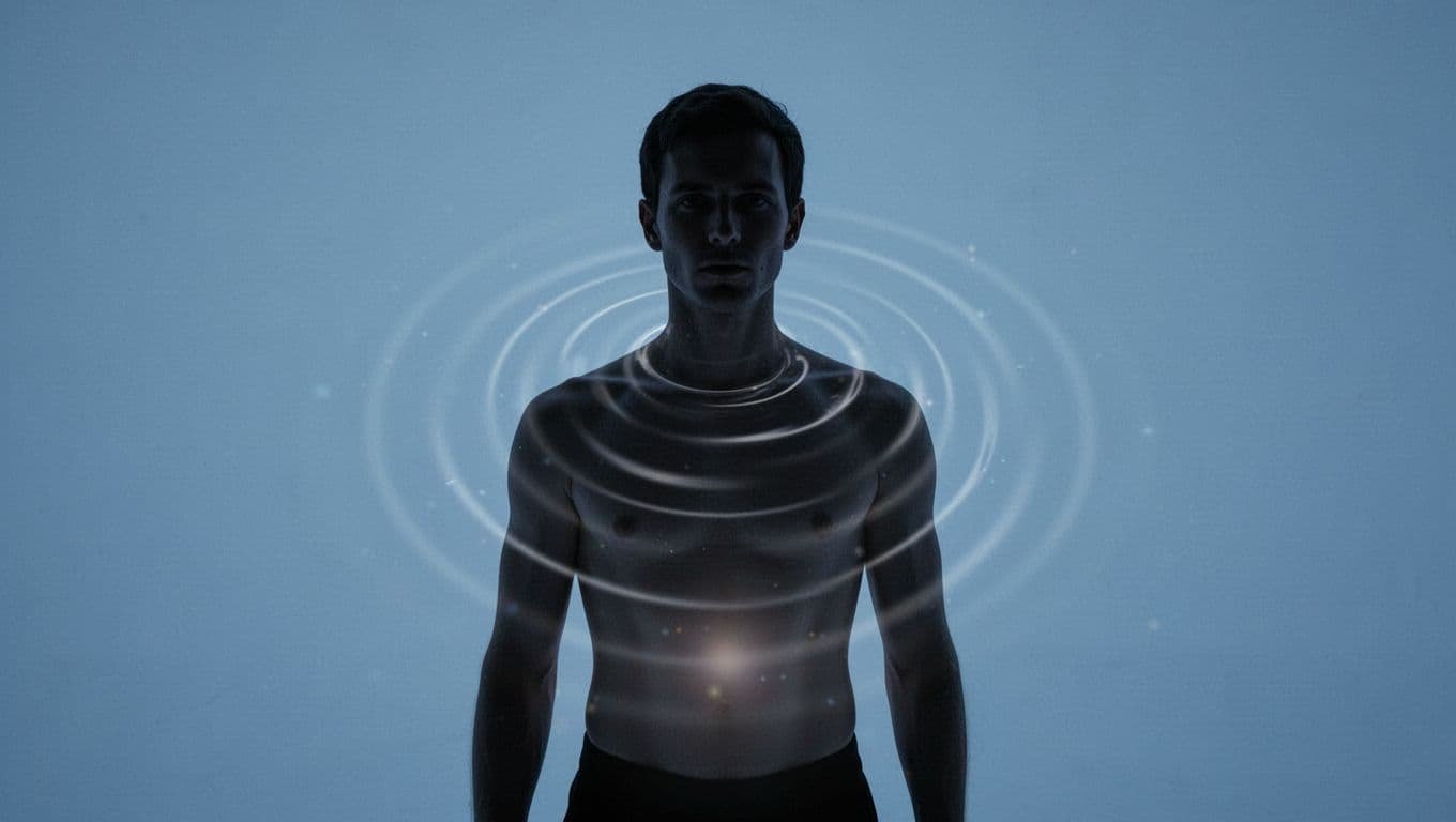 Human silhouette emits subtle glowing lights from head, chest, and stomach against blue background.