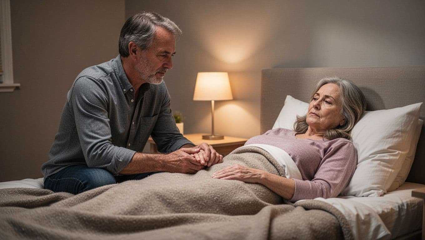 Middle-aged husband sits beside ill wife in bed, gently holding her hand with caring expression in cozy lamplight.