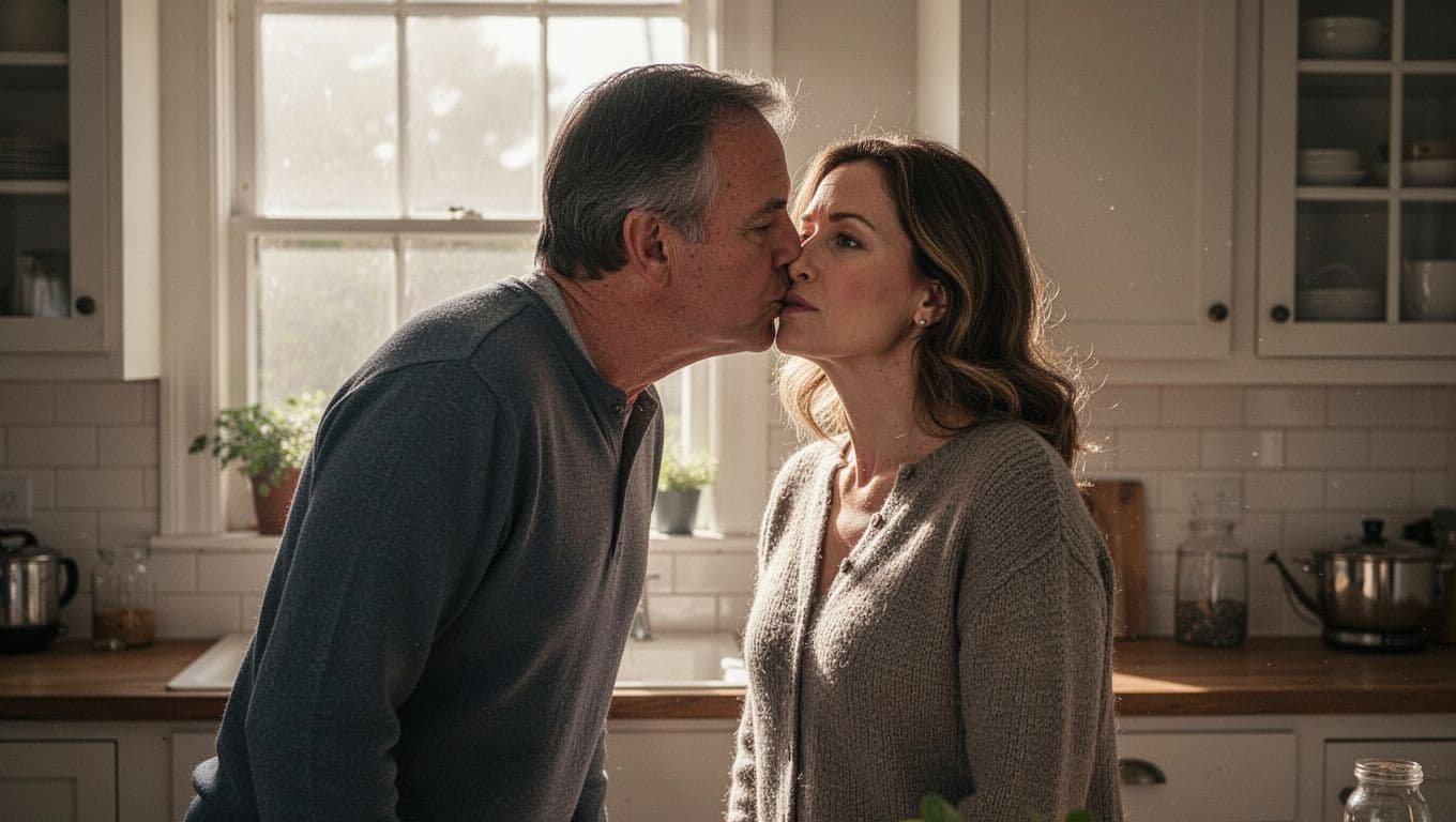 Middle-aged husband leans in for quick peck on wife's cheek in sunlit kitchen, his face neutral, hers subtly longing.