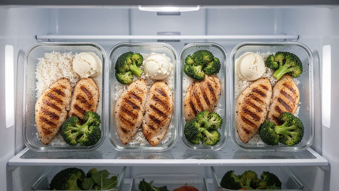 Refrigerator shelf displays five identical transparent containers each with grilled chicken breast, white rice, and steamed broccoli.