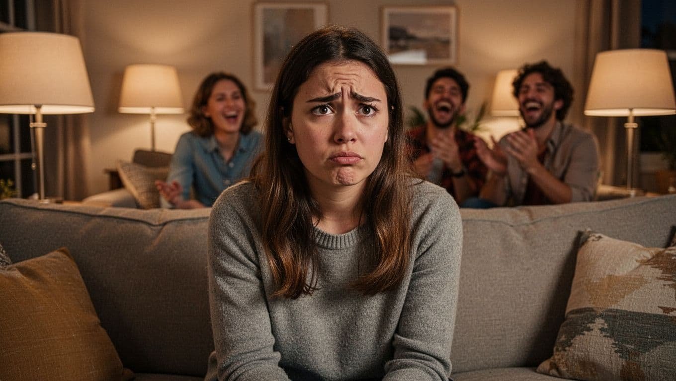 Young woman looks insecure, nodding reluctantly yes in cozy living room as friends laugh casually in background.