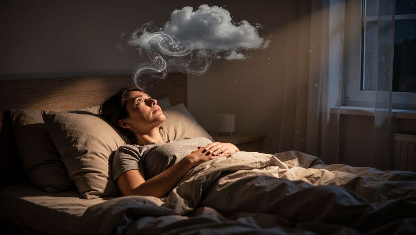 Person lies awake in dark bedroom with rumpled sheets, eyes on ceiling, faint swirling thought clouds above head.