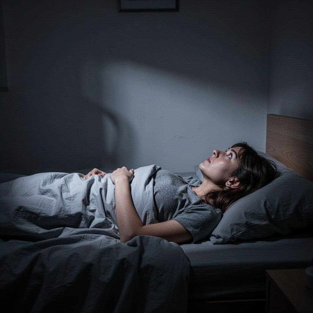 Person lies in bed at night, eyes open staring at ceiling from side view in dark room with moonlight shadows.