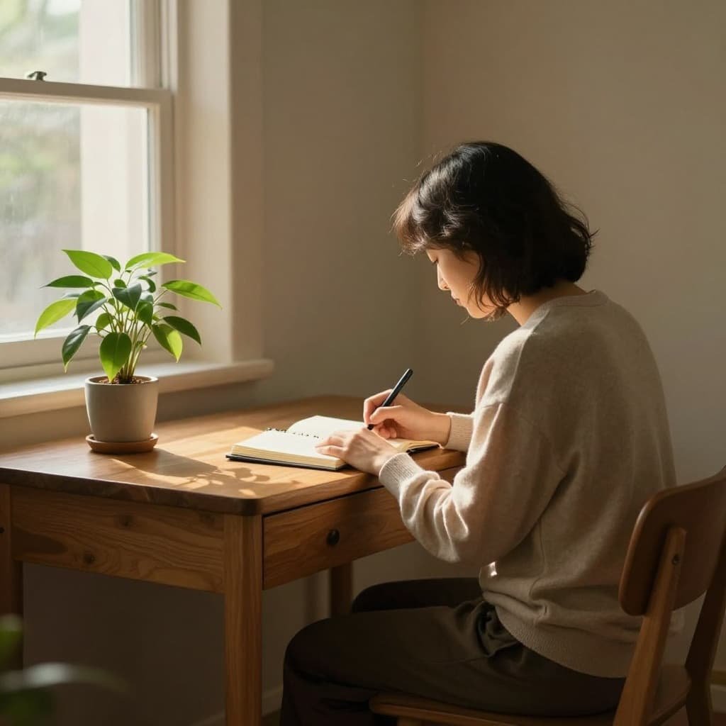 Person sits at wooden desk in sunlit room, writing in journal with small plant nearby.