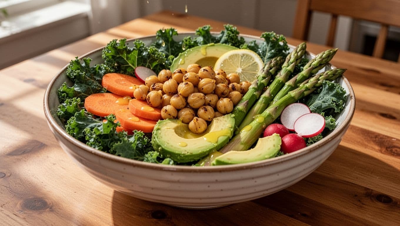 Salad bowl on wooden table with kale, roasted chickpeas, spring vegetables, avocado slices, and lemon dressing.