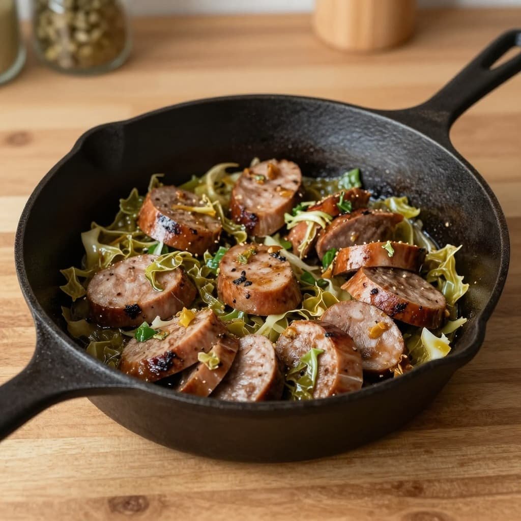 A cast iron skillet filled with sliced kielbasa and saut&eacute;ed cabbage sits on a wooden kitchen counter.