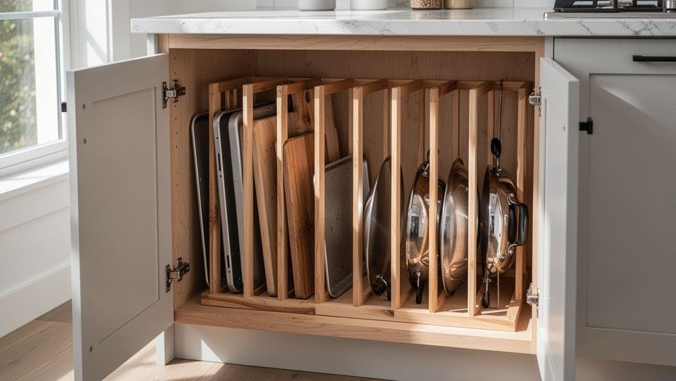 Open base cabinet with vertical wooden dividers holding baking sheets, cutting boards, trays, and pot lids upright.