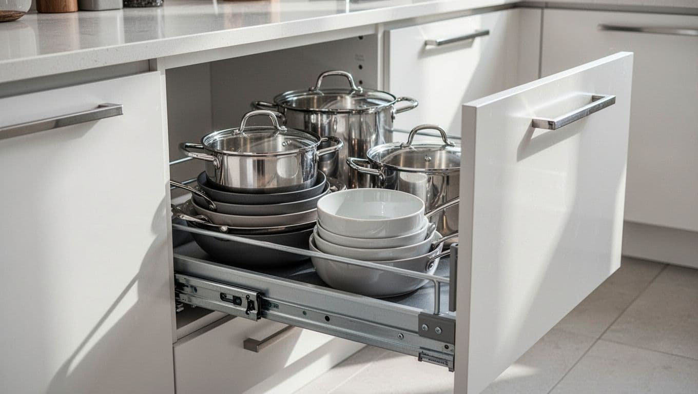 Open base cabinet shows full-extension pull-out drawer with neatly stacked pots and pans on tray.