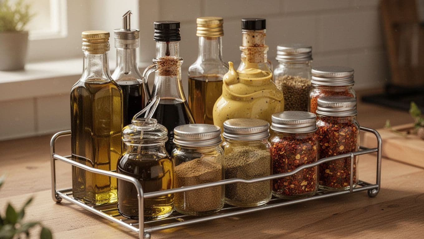 Bottles of olive oil, soy sauce, vinegar, mustard and jars of cumin, chili flakes on kitchen spice rack.