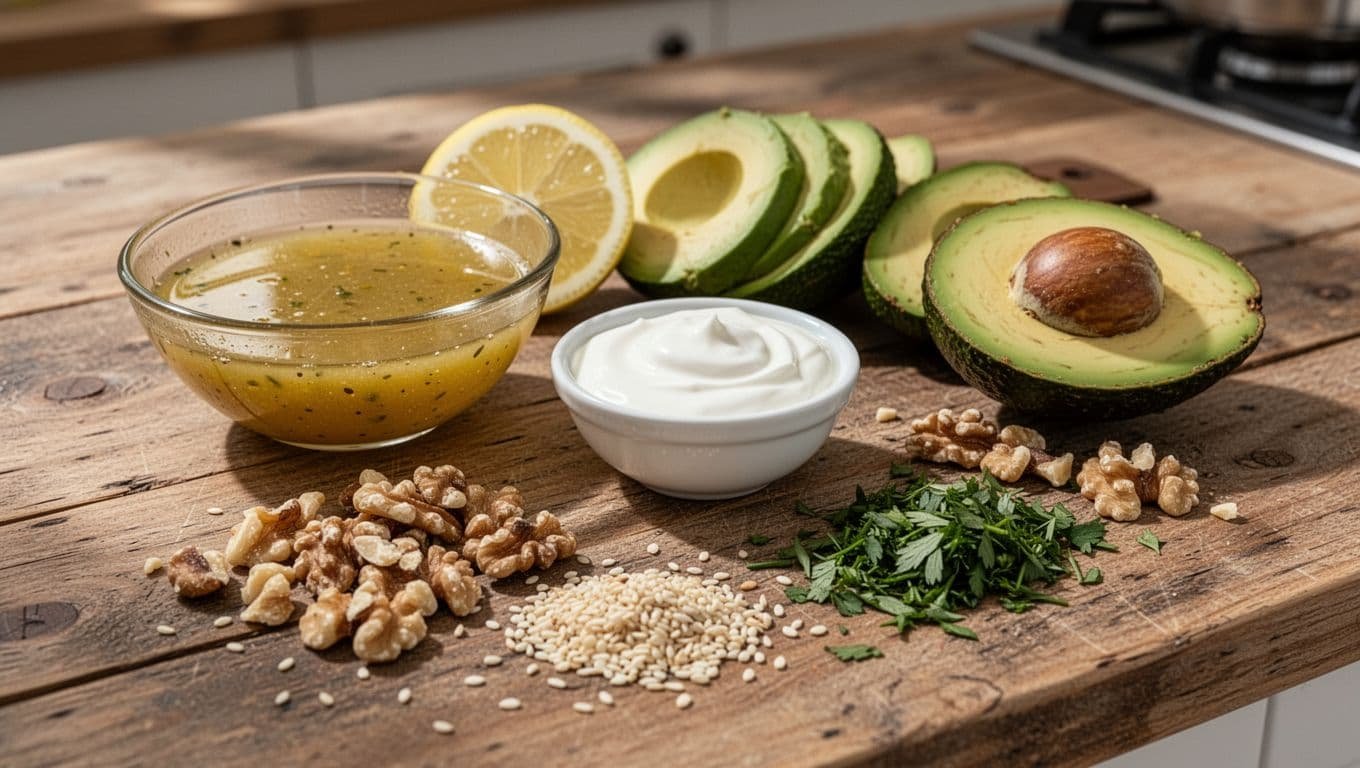 Rustic wooden counter with bowl of lemon vinaigrette, yogurt sauce dish, sliced avocado, chopped nuts, sesame seeds, and fresh herbs.