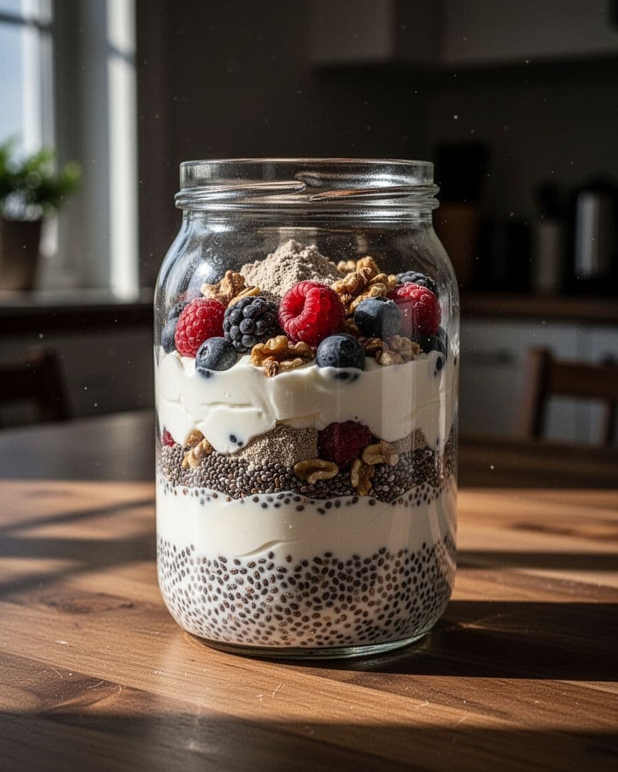 Clear glass jar with layered thick yogurt, chia seeds, topped by berries and nuts on kitchen table in natural light.