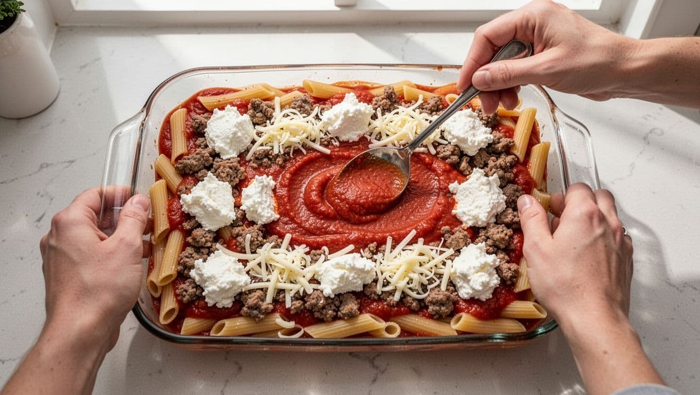 Hands assemble layers of tomato sauce, ziti pasta, sausage, ricotta, and mozzarella in a baking dish, top-down view.
