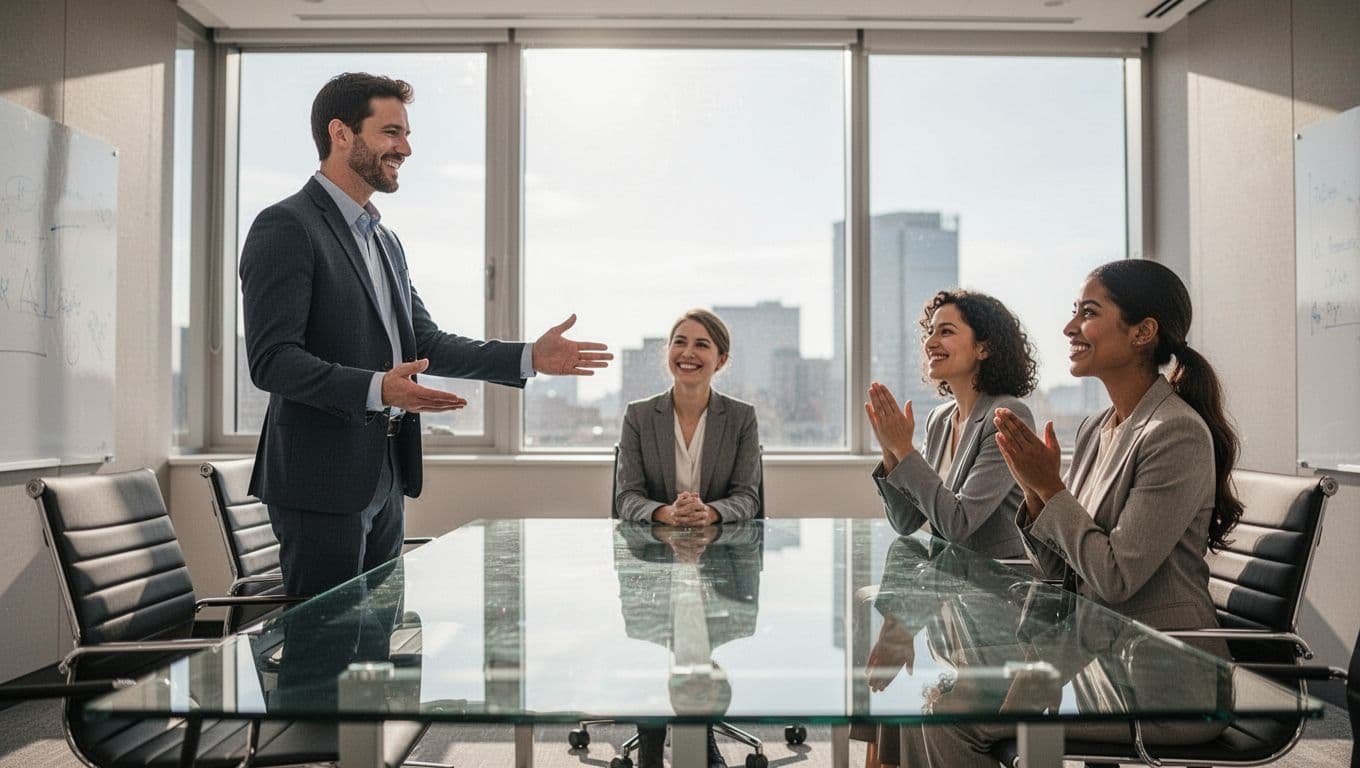 Leader gestures toward smiling team member in conference room as group nods approvingly.