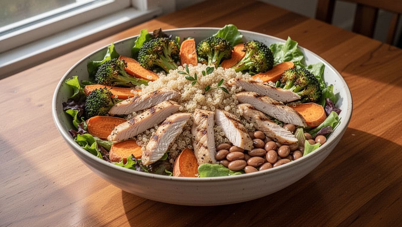 Large salad bowl on wooden table with mixed greens base, roasted broccoli, carrots, sweet potatoes, quinoa, grilled chicken strips, and beans.