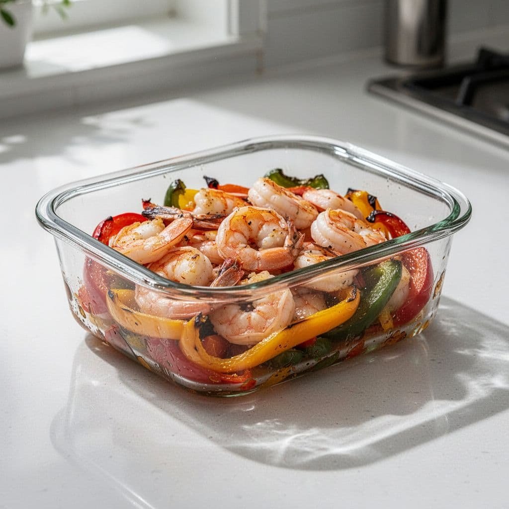 A glass storage container holding cooked shrimp and roasted bell peppers sits on a kitchen counter.