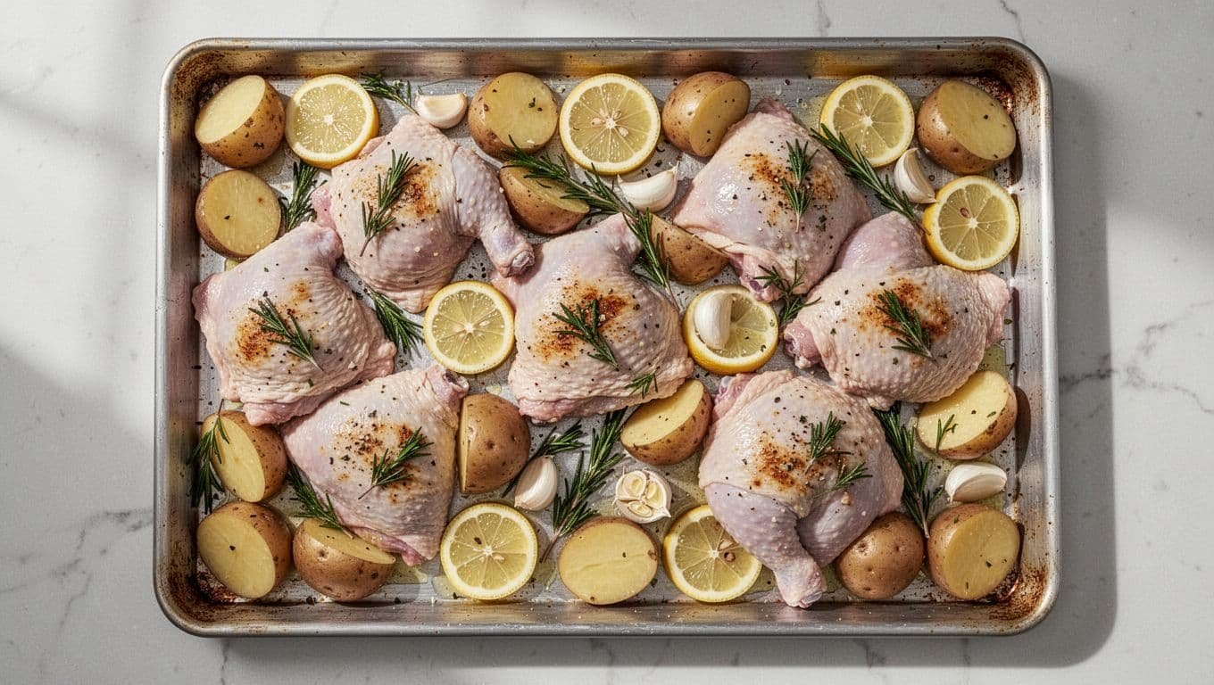 Overhead view of sheet pan with bone-in chicken thighs, quartered potatoes, lemon slices, smashed garlic, and herbs on kitchen counter.