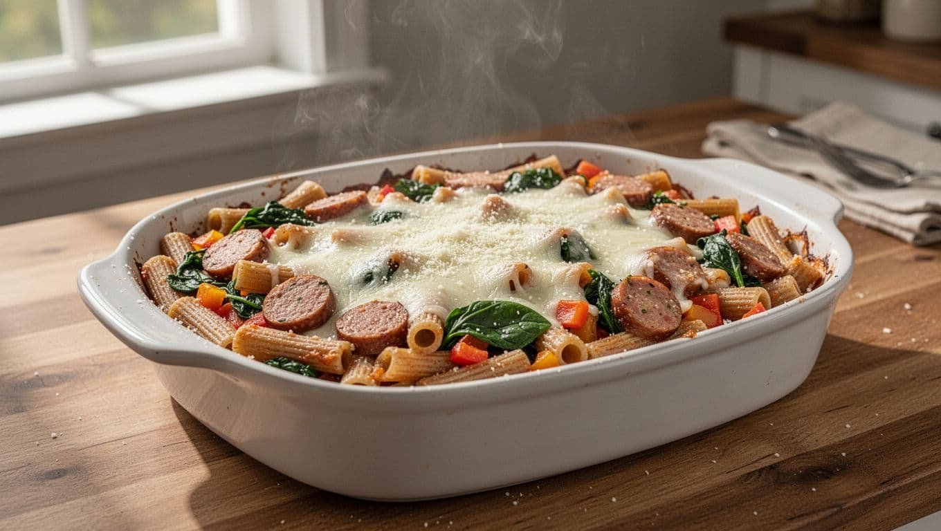 White dish of baked ziti with whole wheat pasta, chicken sausage, spinach, bell peppers, melted mozzarella on wooden table, steam rising.