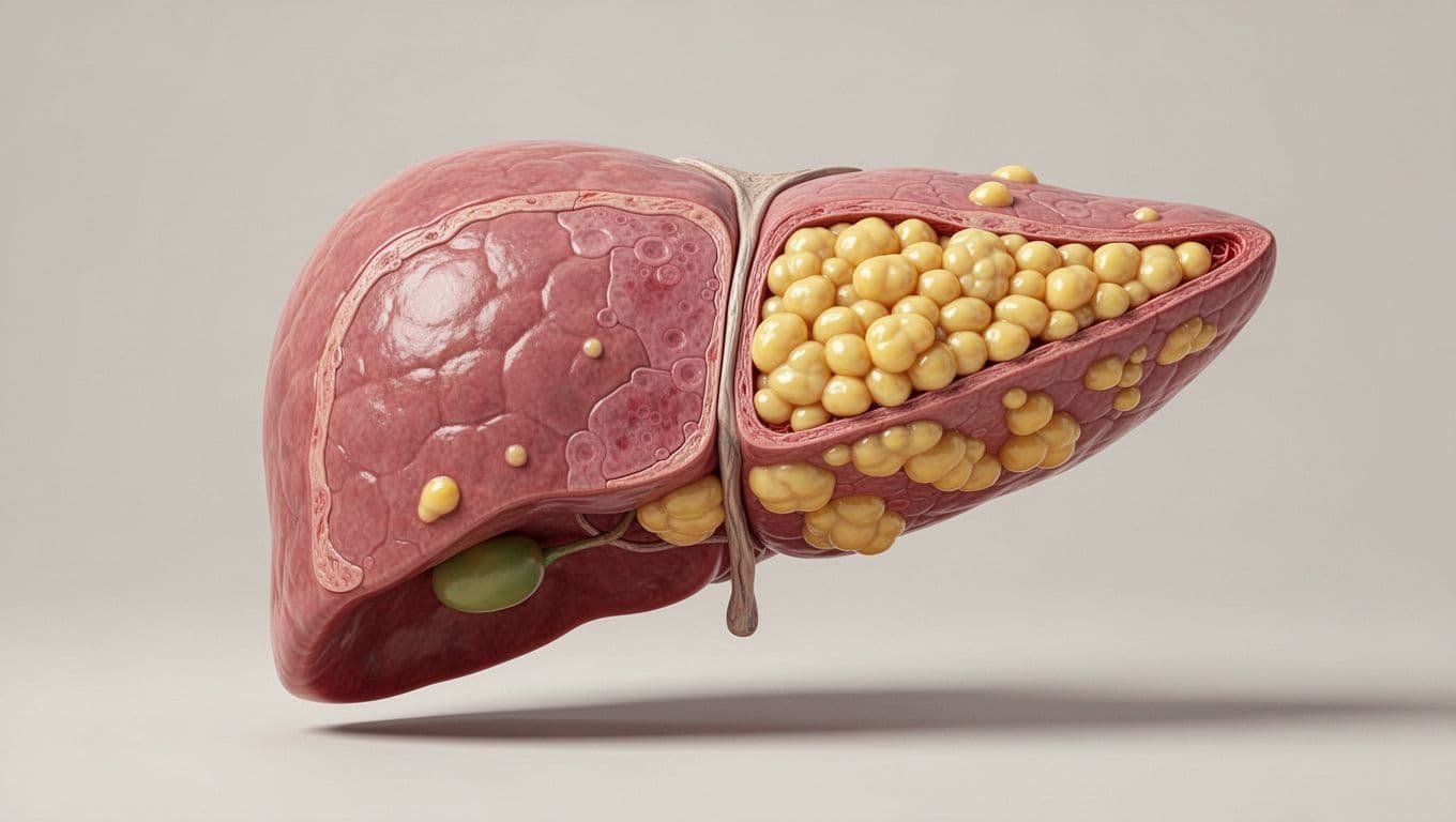 Human liver cross-section with healthy pink tissue on one side and yellow fatty deposits in cells on the other.