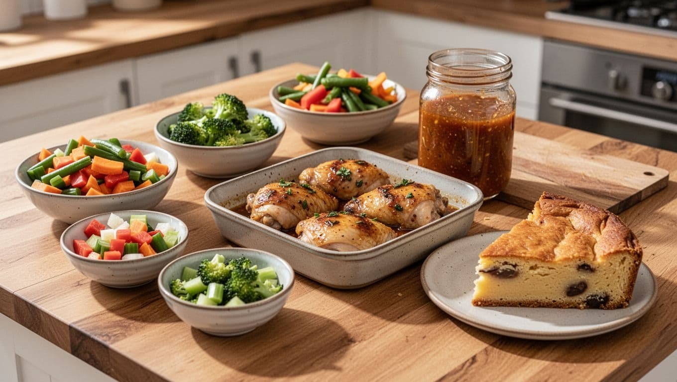 Chopped vegetables in bowls, marinated chicken, sauce jar, and pre-baked dessert on wooden kitchen counter.