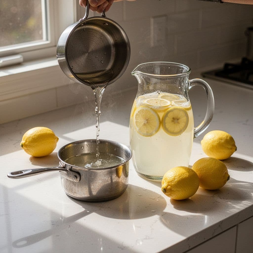 A saucepan of simple syrup and a pitcher of lemonade sit on a bright kitchen counter.