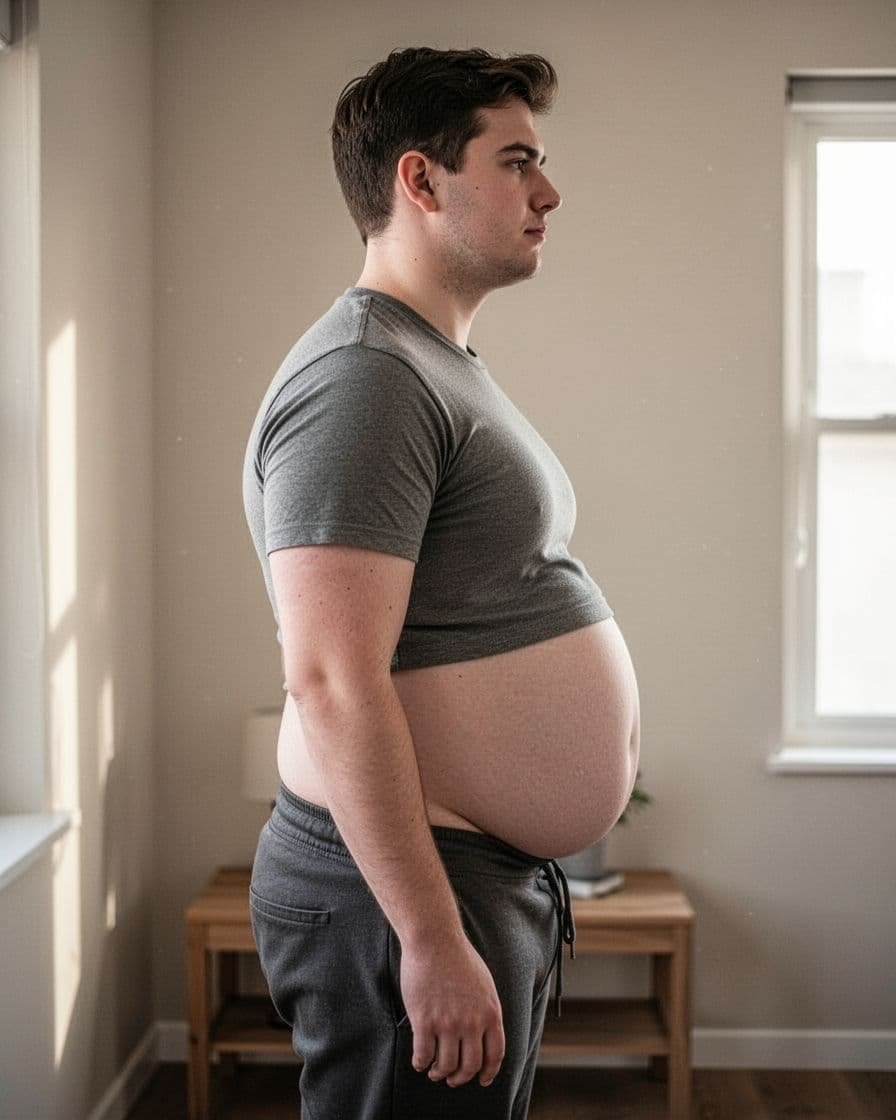Profile view of young man showing abdominal fat around waist and belly in fitted t-shirt and pants.