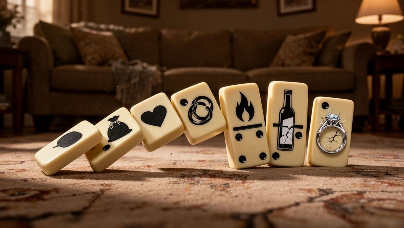 Falling dominoes shaped as marriage icons chain toward a broken wedding ring in a cozy living room.