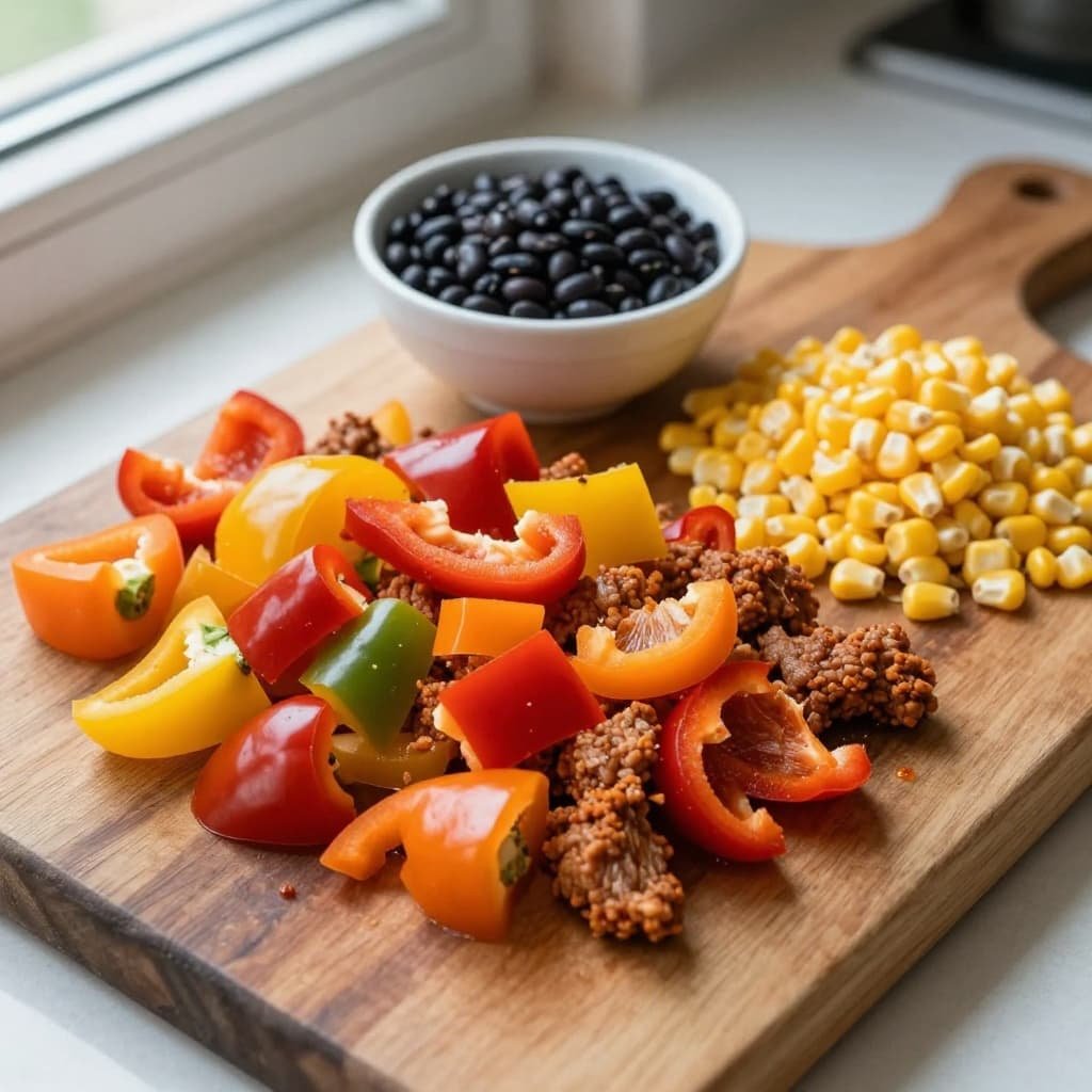 Fresh ground turkey, colorful bell peppers, corn, and black beans arranged on a wooden board.