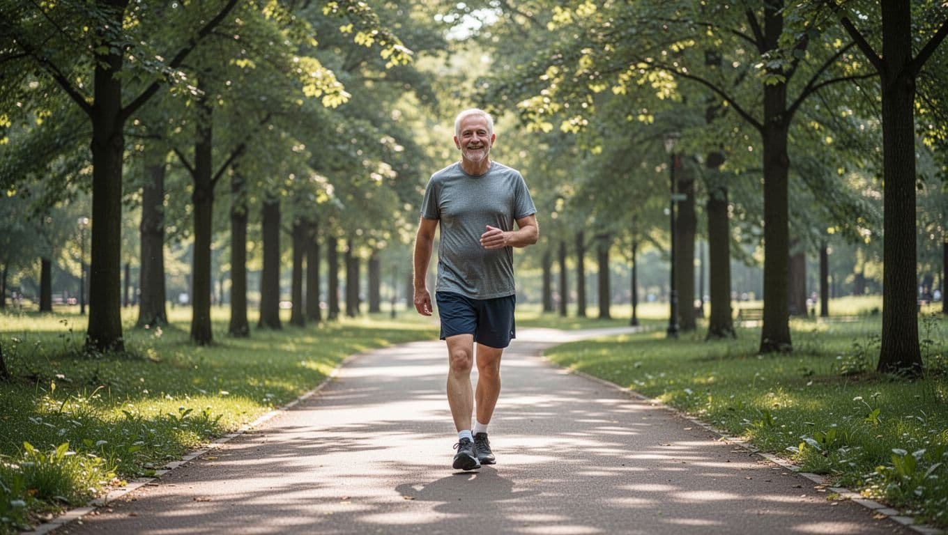 Middle-aged person walks briskly with relaxed smile on tree-lined park path in soft daylight.