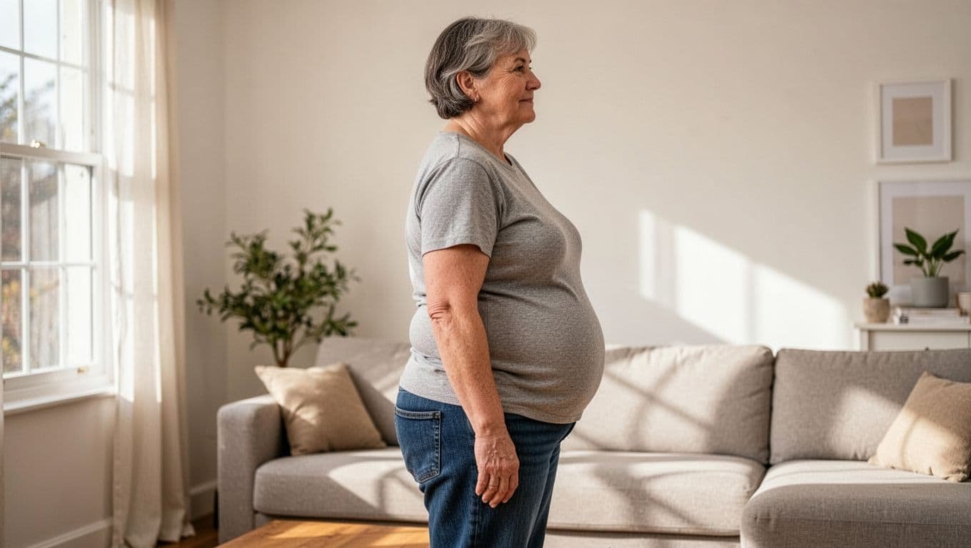 Middle-aged person stands sideways in home wearing casual clothes, showing noticeable midsection weight gain.