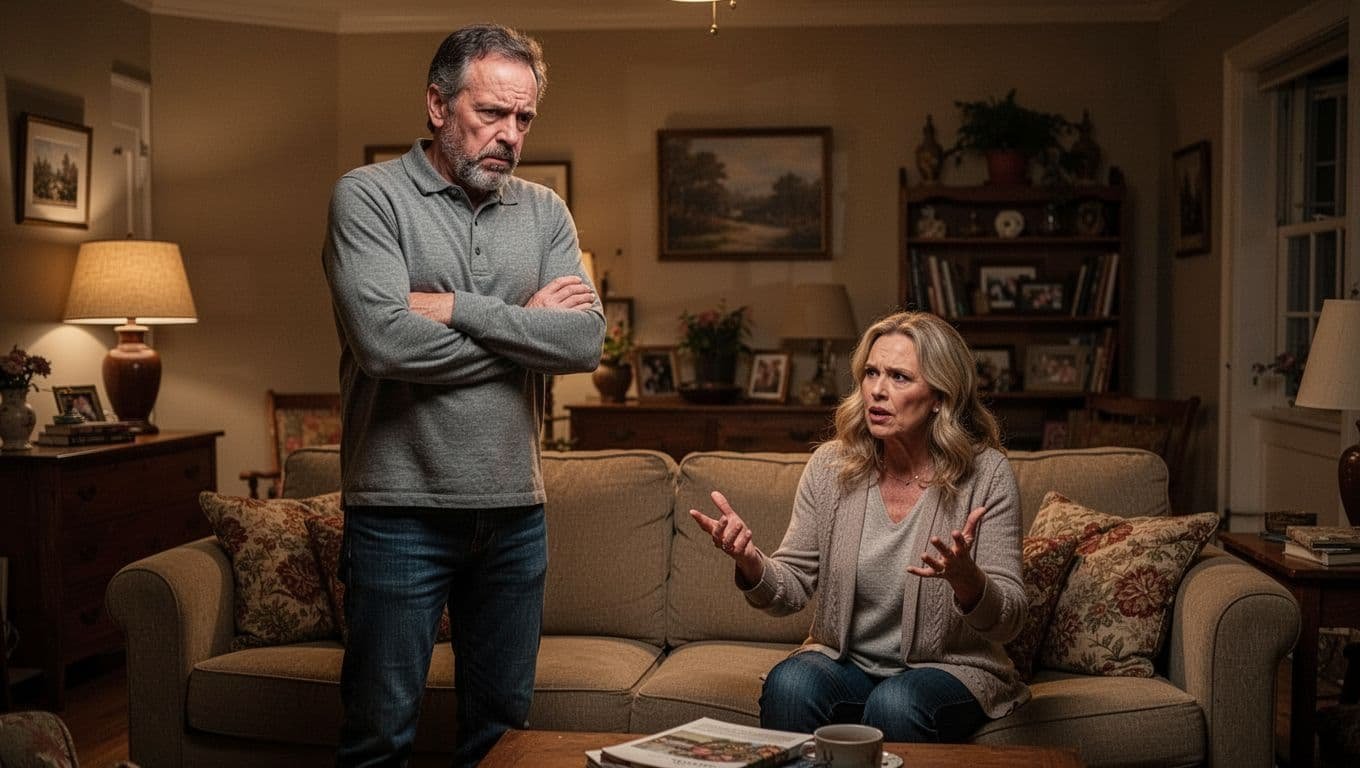Middle-aged husband stands arms crossed frustrated as wife sits on couch gesturing emphatically in cozy living room.