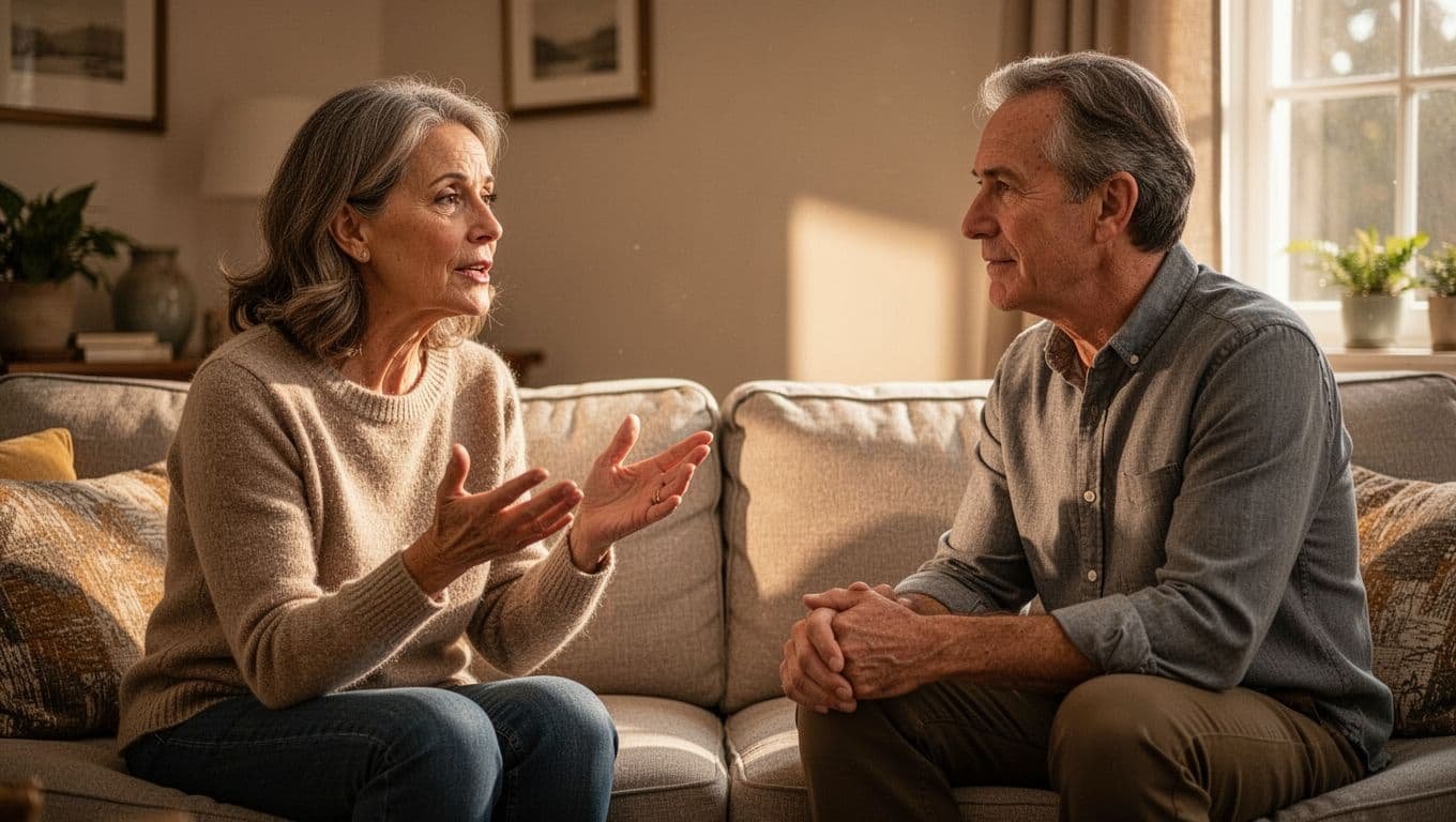 Middle-aged woman and man sit face-to-face on a couch in a cozy living room, conversing calmly.