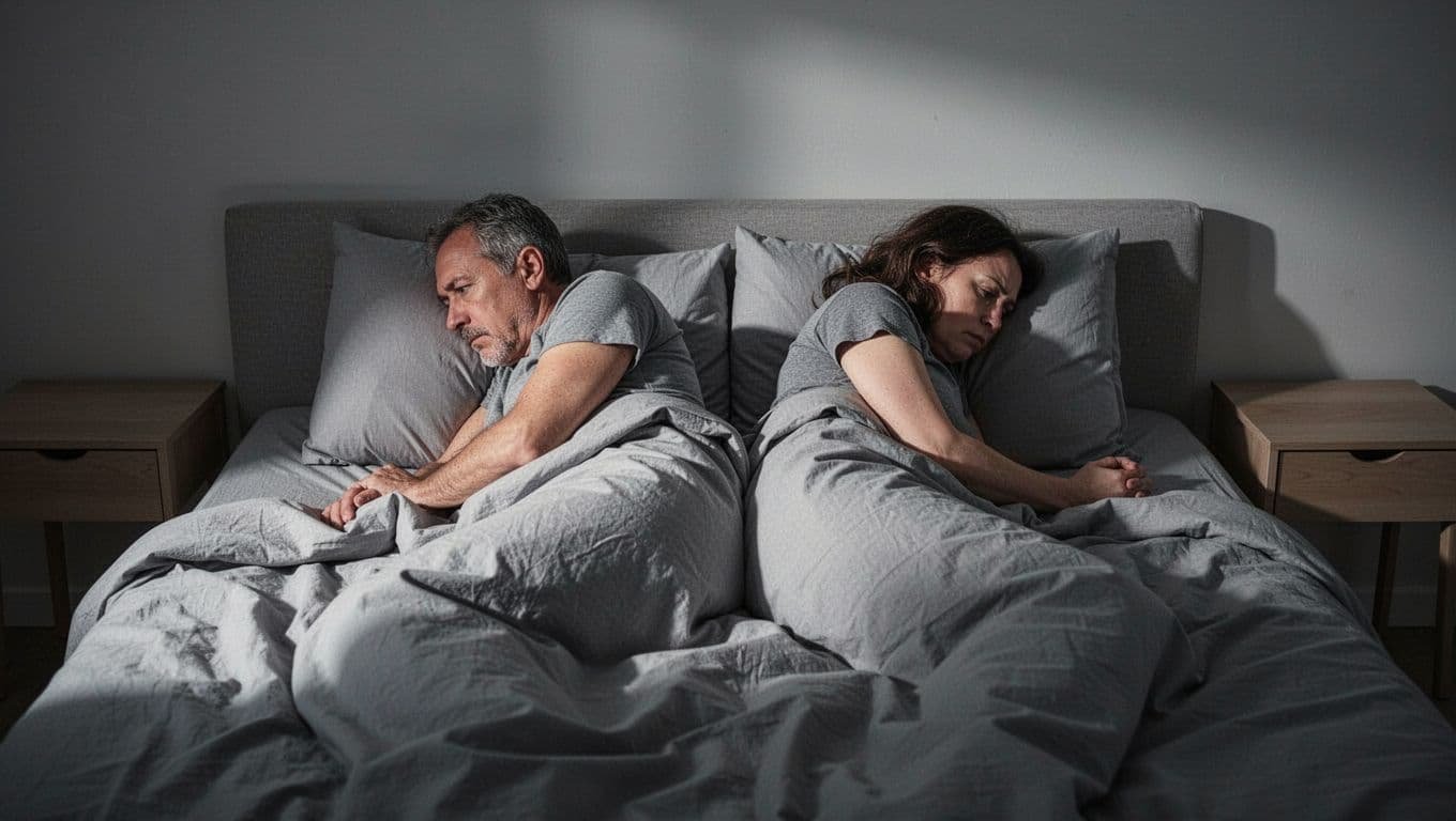 Middle-aged couple lies facing away on sides in dim-lit bed, backs turned, sheets pulled up.