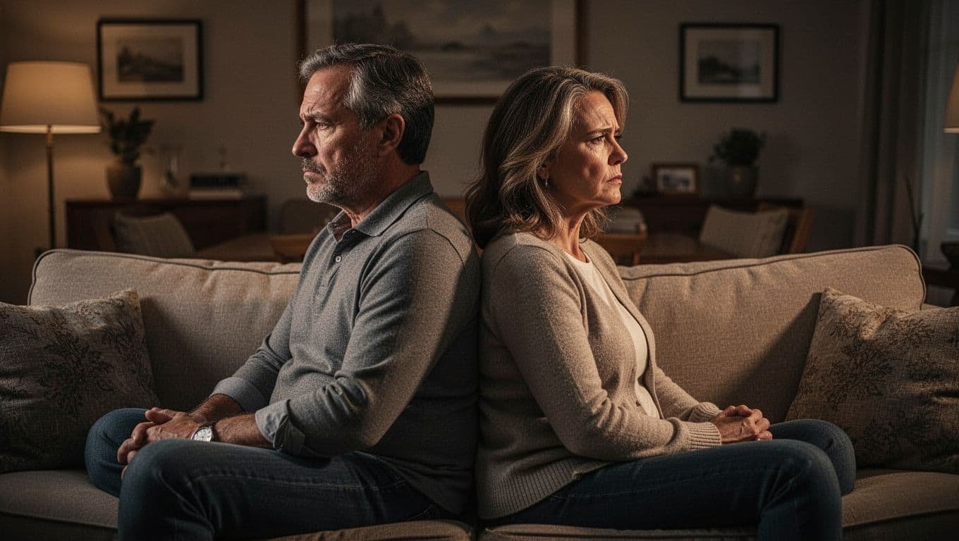 Middle-aged husband and wife sit facing away on a couch in a dimly lit living room.