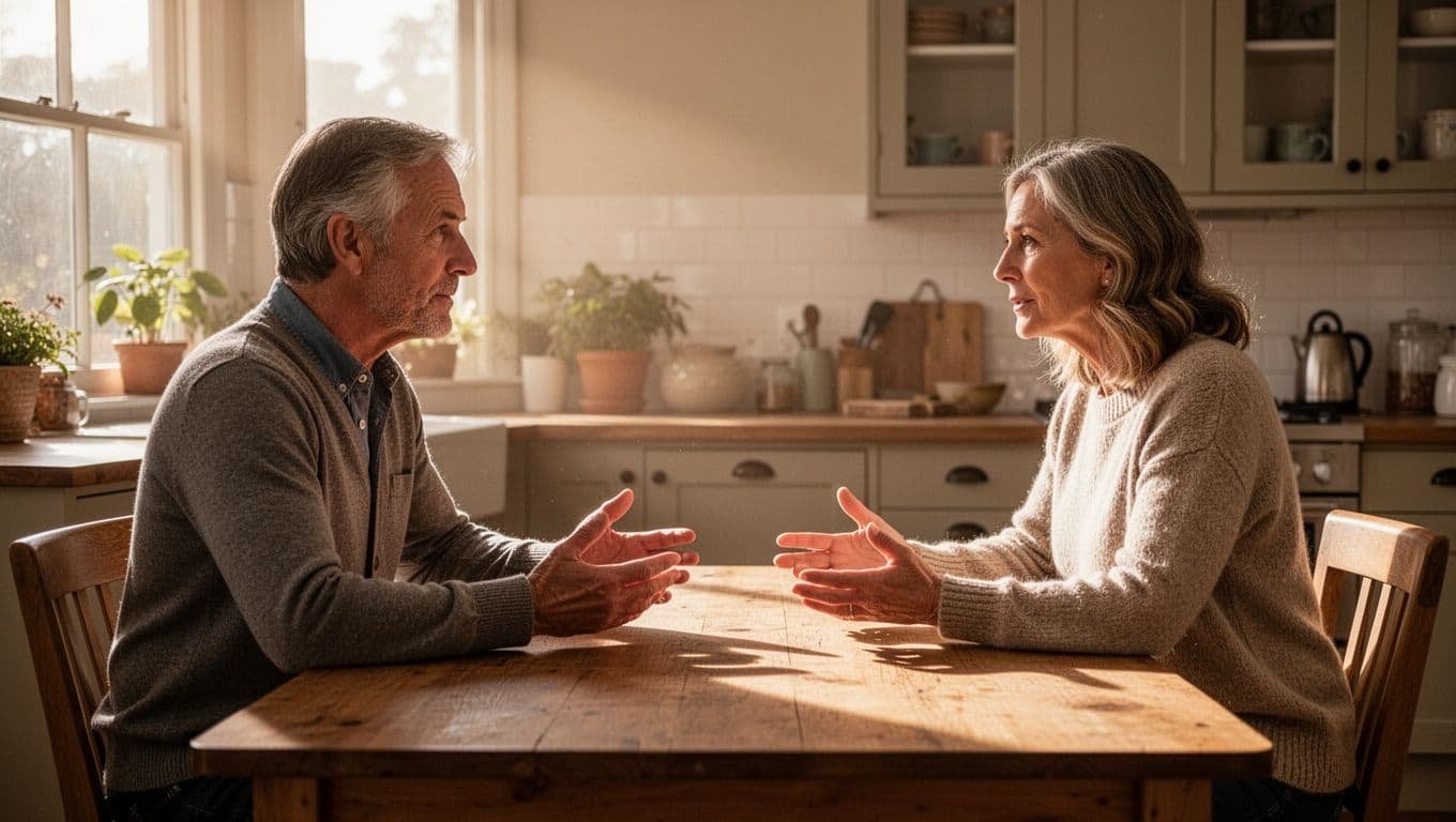 Middle-aged couple sits face-to-face at wooden kitchen table, talking calmly in soft morning light.