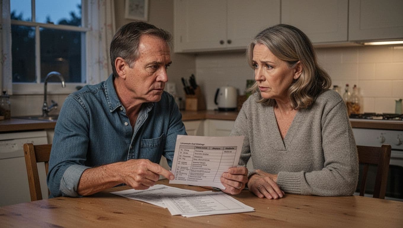 Middle-aged couple at kitchen table in evening light, seriously discussing paper schedule, one points to list, no eye contact.