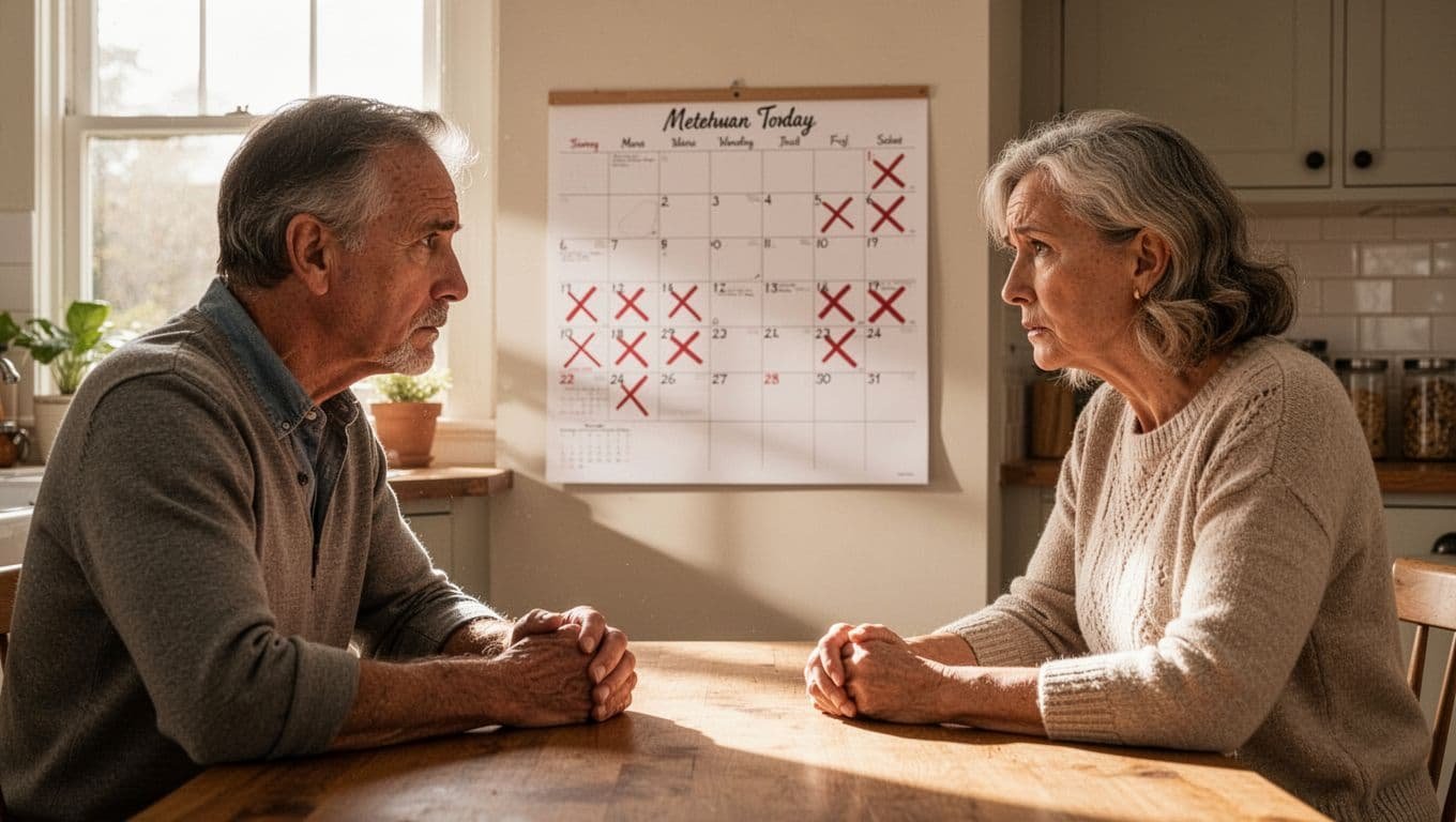 Middle-aged couple at kitchen table examines wall calendar with red X's on recent dates.