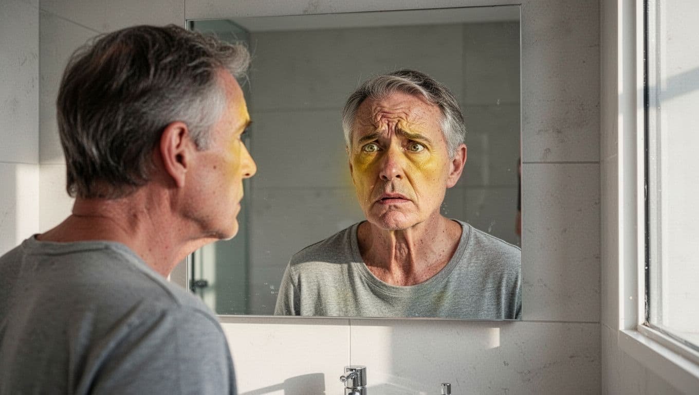 Middle-aged person stands before bathroom mirror with yellow-tinted skin and eyes, showing concern.