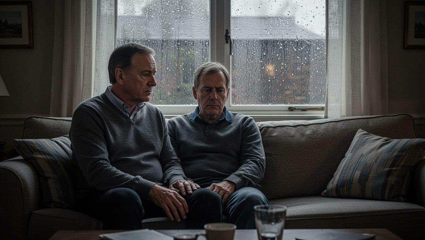 Middle-aged man sits alone on living room sofa with slumped shoulders and blank stare out rainy window.