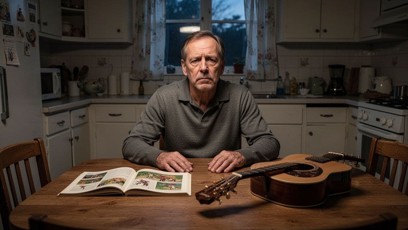 Middle-aged man sits alone at kitchen table, blank expression toward nearby guitar, hands relaxed, dim evening light.