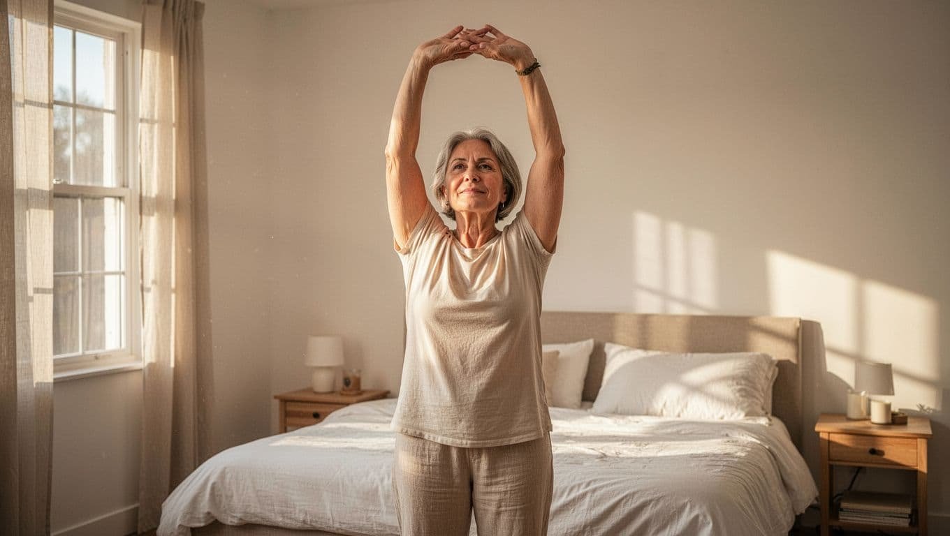 Middle-aged person stretches arms overhead in sunlit bedroom, looking energized and relaxed.