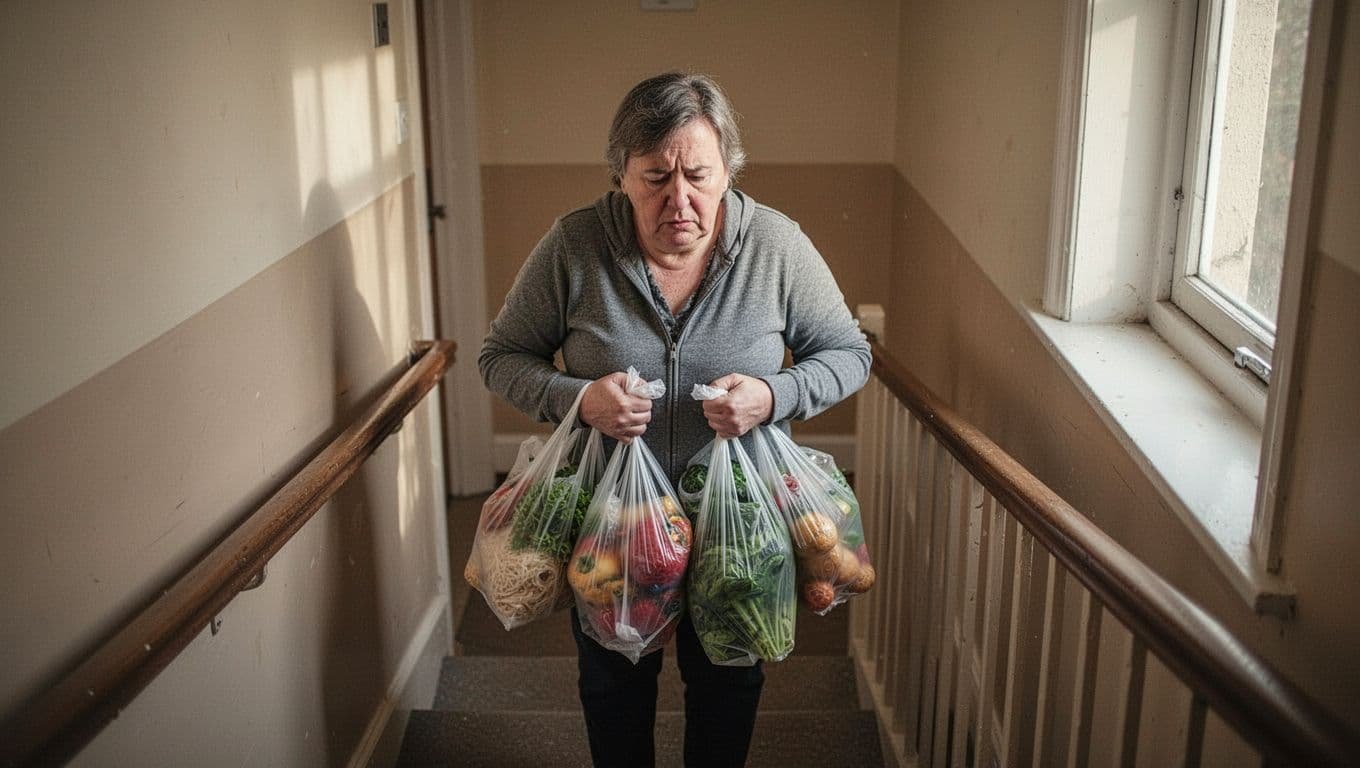 Middle-aged person pauses midway on staircase, face strained and fatigued, holding light grocery bags loosely.