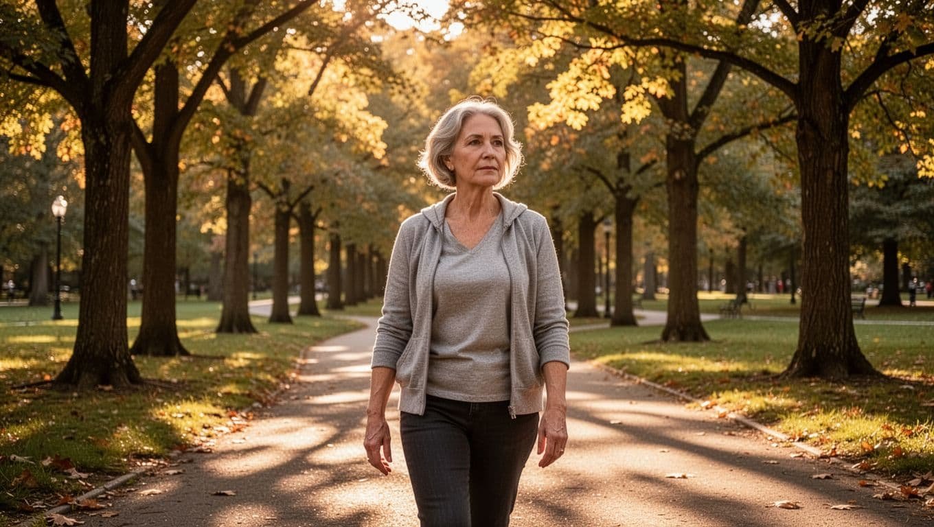 Middle-aged woman walks thoughtfully on tree-lined park path at golden hour with sunlight through leaves.