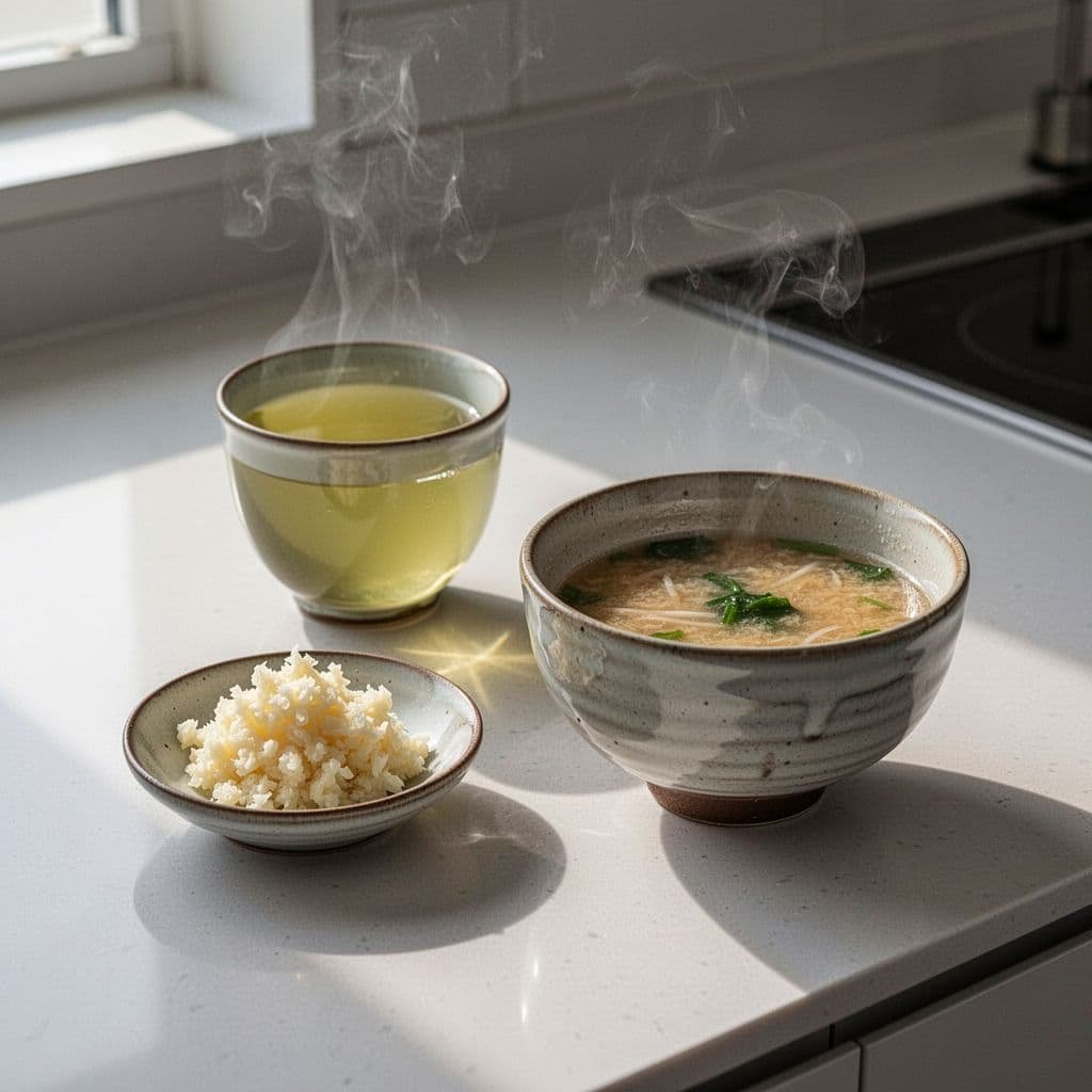Kitchen counter with minced garlic bowl, steaming green tea cup, and miso soup bowl in morning sunlight.