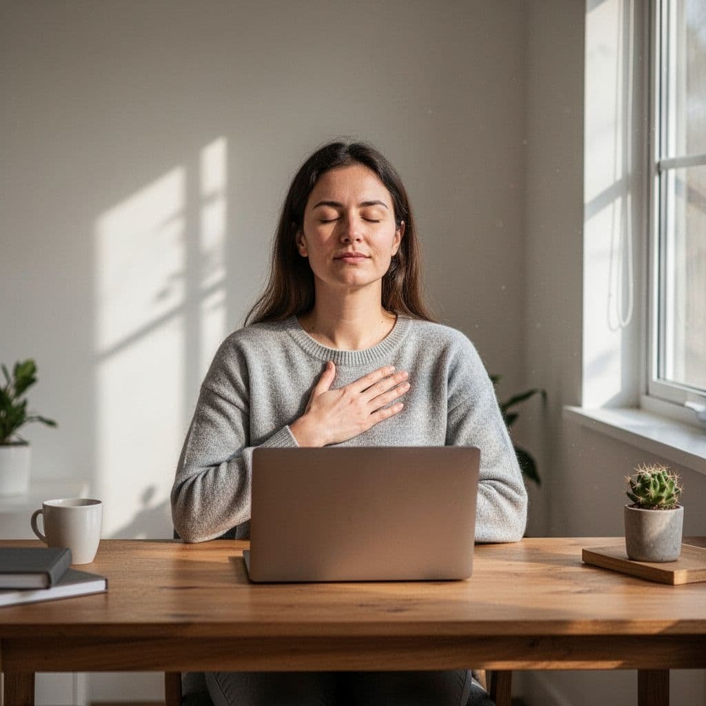 Person at tidy wooden desk with laptop, hand on chest, eyes closed, soft light from window.