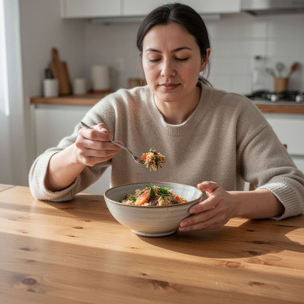 A person eats a small balanced food portion from a ceramic bowl on a wooden table.