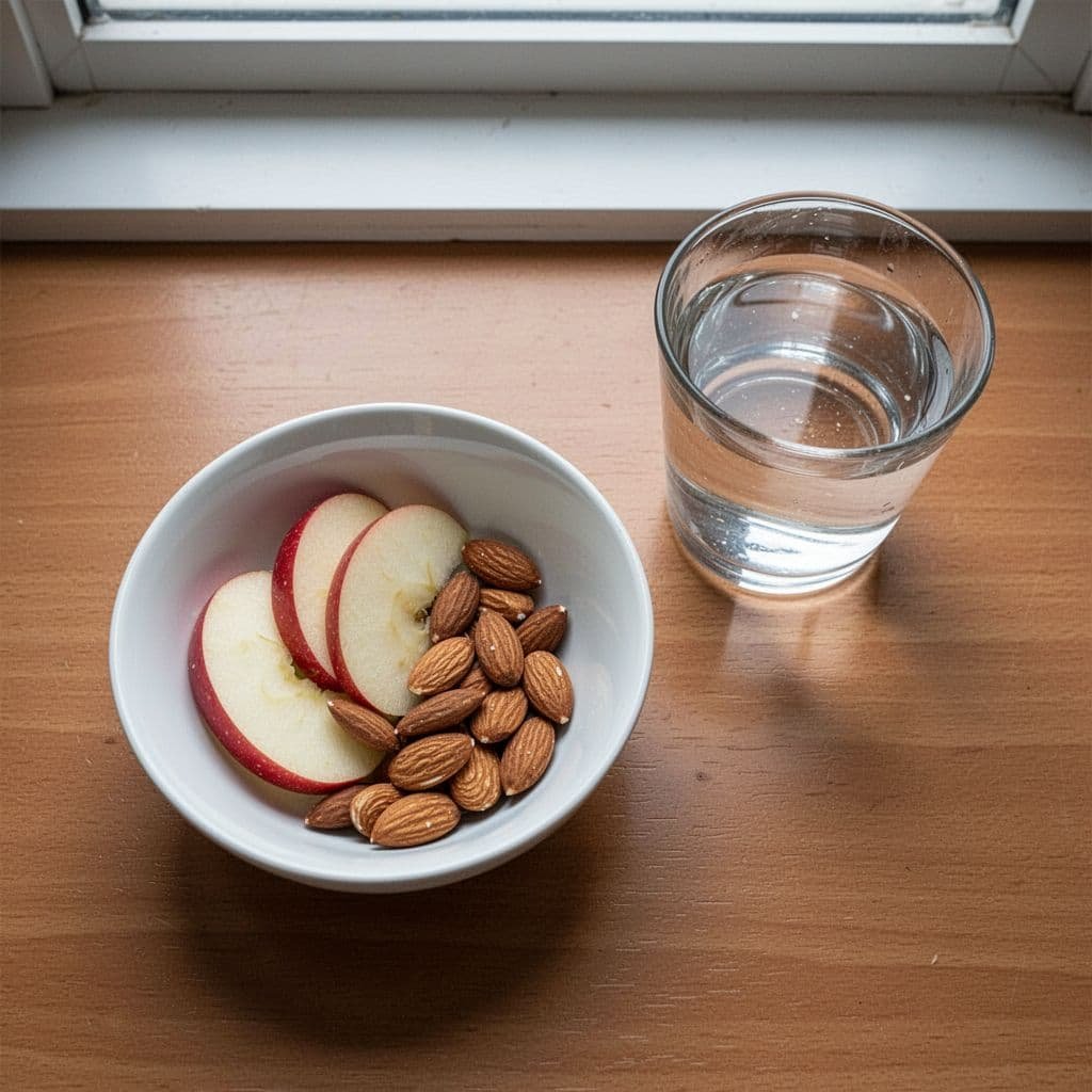 Apple slices and almonds sit in a ceramic bowl beside a glass of water on a wooden table.