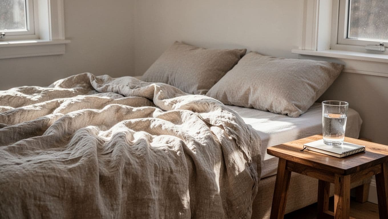 Tidy minimalist bedroom with unmade linen bed, sunlight on wooden side table with water glass and notebook.
