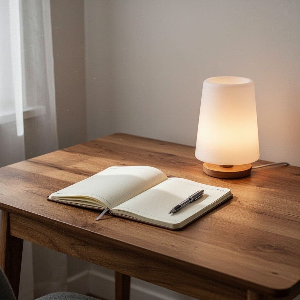 Wooden desk with notebook, pen, and warm lamp in quiet room with natural light.
